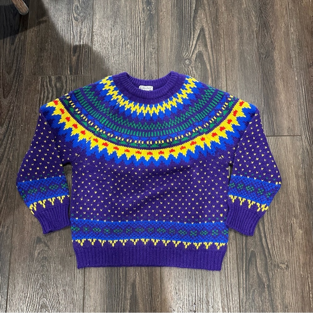 Vintage 80s Gallagher 100% Wool Fair Isle Sweater Purple Multicolor size S